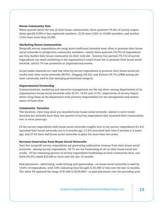 House Community Size
When queried about the size of their house communities, three-quarters (74.4%) of survey respon-
dents specify 2,500 or less registered members, 12.2% have 2,501 to 10,000 members, and another
13.5% have more than 10,000.

Marketing House Communities
Nonprofit survey respondents are using more traditional channels most often to promote their house
social networks to prospective community members—nearly three-quarters (74.7%) of respondents
say they market their house community via their web site. Seventy-two percent (72.1%) of survey
respondents use email marketing to the organization’s email house list to promote their house social
network, and 61.7% use promotion at organizational events.

Social media channels are used less often by survey respondents to promote their house social net-
works with other social networks (40.9%) , blogging (38.3%), and Twitter (35.7%) [JM4] among the
most commonly used in this emerging promotional category.

Departmental Ownership
Communications, marketing and executive management are the top three owning departments of an
organization’s house social networks with 22.2%, 14.6% and 13.3%, respectively of survey respon-
dents citing these as the department with primary responsibility for the management and mainte-
nance of these sites.

Community Duration
The duration—how long since you launched your house social network—skews to more recent
launches but includes more than one-quarter of survey respondents that launched their communities
two or more years ago.

Of the survey respondents with house social networks roughly four in ten survey respondents (41.4%)
launched their house networks one to 6 months ago, 31.2%) launched their sites 6 months to 2 years
ago, and 27.4% have had house social networks in place for more than two years.

Revenue Generation from House Social Networks
Very few nonprofit survey respondents are generating substantive revenue from their house social
networks. Among survey respondents ,74.7% are not fundraising at all on their house social net-
works. Of the remaining quarter of survey respondents fundraising on their community sites, one-
third (35.0%) raised $10,000 or more over the last 12 months.

Paid placement—advertising, underwriting and sponsorship—on house social networks is used by
14.8%) of respondents, with 5.8% indicating they brought in $1,000 or less over the last 12 months.
The other 9% spanned the range of $1,000 to $100,000+ in paid placement over the preceding year.




                                 www.nonprofitsocialnetworksurvey.com                             13
 