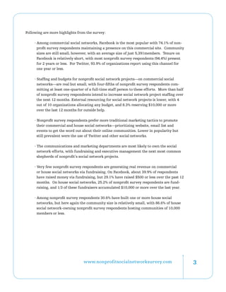Following are more highlights from the survey:

     · Among commercial social networks, Facebook is the most popular with 74.1% of non-
       profit survey respondents maintaining a presence on this commercial site. Community
       sizes are still small, however, with an average size of just 5,391members. Tenure on
       Facebook is relatively short, with most nonprofit survey respondents (94.4%) present
       for 2 years or less. For Twitter, 93.9% of organizations report using this channel for
       one year or less.

     · Staffing and budgets for nonprofit social network projects—on commercial social
       networks—are real but small, with four-fifths of nonprofit survey respondents com-
       mitting at least one-quarter of a full-time staff person to these efforts. More than half
       of nonprofit survey respondents intend to increase social network project staffing over
       the next 12 months. External resourcing for social network projects is lower, with 4
       out of 10 organizations allocating any budget, and 8.3% reserving $10,000 or more
       over the last 12 months for outside help.

     · Nonprofit survey respondents prefer more traditional marketing tactics to promote
       their commercial and house social networks—prioritizing website, email list and
       events to get the word out about their online communities. Lower in popularity but
       still prevalent were the use of Twitter and other social networks.

     · The communications and marketing departments are most likely to own the social
       network efforts, with fundraising and executive management the next most common
       shepherds of nonprofit’s social network projects.

     · Very few nonprofit survey respondents are generating real revenue on commercial
       or house social networks via fundraising. On Facebook, about 39.9% of respondents
       have raised money via fundraising, but 29.1% have raised $500 or less over the past 12
       months. On house social networks, 25.2% of nonprofit survey respondents are fund-
       raising, and 1/3 of these fundraisers accumulated $10,000 or more over the last year.

     · Among nonprofit survey respondents 30.6% have built one or more house social
       networks, but here again the community size is relatively small, with 86.6% of house
       social network-owning nonprofit survey respondents hosting communities of 10,000
       members or less.




                                  www.nonprofitsocialnetworksurvey.com                             
 