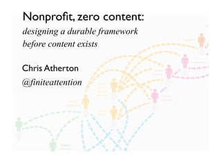 Nonproﬁt, zero content:                                                                 Ambassador

              designing a durable framework
                                                                                    Evangelist
              before content exists
                                                                                         Campaigner

              Chris Atherton                                       Active
                                                                 supporter


              @finiteattention             Worried-
                                            about-
                                            myself
                                          individual                    Reactive
                                                                        supporter
                              Aware
                            sympathetic
                                          Concerned
                                            friend


Conscious
stigmatiser




                         Passive
                       stigmatiser
                                                       Unaware
 