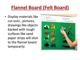 Flannel Board (Felt Board)
• Display materials like
cut-outs , pictures,
drawings like objects
backed with rough
surfaces like sand
paper strips will stick
to the flannel board
temporarily
 