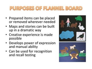 • Prepared items can be placed
or removed wherever needed
• Maps and stories can be built
up in a dramatic way
• Creative experience is made
possible
• Develops power of expression
and manual ability
• Can be used for recognition
and recall testing
 