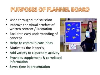 • Used throughout discussion
• Improve the visual artefact of
written content /illustration
• Facilitate easy understanding of
concept
• Helps to communicate ideas
• Motivates the leaner's
• Add variety to classroom activity
• Provides supplement & correlated
information
• Saves time in presentation
 