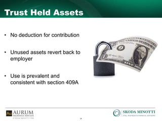 14
Trust Held Assets
• No deduction for contribution
• Unused assets revert back to
employer
• Use is prevalent and
consistent with section 409A
 