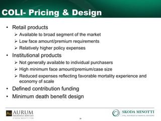 18
COLI- Pricing & Design
• Retail products
 Available to broad segment of the market
 Low face amount/premium requirements
 Relatively higher policy expenses
• Institutional products
 Not generally available to individual purchasers
 High minimum face amount/premium/case size
 Reduced expenses reflecting favorable mortality experience and
economy of scale
• Defined contribution funding
• Minimum death benefit design
 