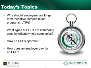 2
Today’s Topics
• Why should employers use long-
term incentive compensation
programs (LTIP)?
• What types of LTIPs are commonly
used by privately held companies?
• How do LTIPs operate?
• How does an employer pay for
an LTIP?
 