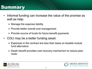 22
Summary
• Informal funding can increase the value of the promise as
well as help:
 Manage the expense liability
 Provide better overall cost management
 Provide source of funds for future benefit payments
• COLI may be a better funding asset:
 Expenses in the contract are less than taxes on taxable mutual
fund alternative
 Death benefit provides cost recovery mechanism to reduce plan
costs
 