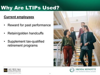 3
Why Are LTIPs Used?
Current employees
• Reward for past performance
• Retain/golden handcuffs
• Supplement tax-qualified
retirement programs
 