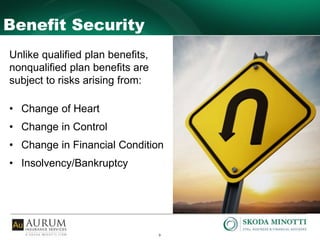 9
Benefit Security
Unlike qualified plan benefits,
nonqualified plan benefits are
subject to risks arising from:
• Change of Heart
• Change in Control
• Change in Financial Condition
• Insolvency/Bankruptcy
 