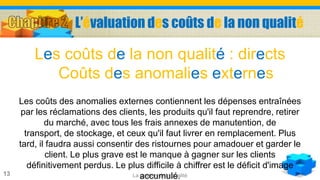La gestion de la qualité13
Les coûts des anomalies externes contiennent les dépenses entraînées
par les réclamations des clients, les produits qu'il faut reprendre, retirer
du marché, avec tous les frais annexes de manutention, de
transport, de stockage, et ceux qu'il faut livrer en remplacement. Plus
tard, il faudra aussi consentir des ristournes pour amadouer et garder le
client. Le plus grave est le manque à gagner sur les clients
définitivement perdus. Le plus difficile à chiffrer est le déficit d'image
accumulé.
Les coûts de la non qualité : directs
Coûts des anomalies externes
L’évaluation des coûts de la non qualité
 