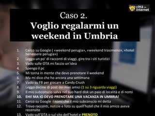 Caso 2.
Voglio regalarmi un
weekend in Umbria
Caso 2.
Voglio regalarmi un
weekend in Umbria
1. Cerco su Google ( «weekend perugia», «weekend trasimeno», «hotel
benessere perugia»)
2. Leggo un po' di racconti di viaggi, giro tra i siti turistici
3. Vado sulle OTA mi faccio un'idea
4. Spengo il pc
5. Mi torna in mente che devo prenotare il weekend
6. Ma mi dico che ho ancora una settimana
7. Vado su FB per giocare a Candy Crush
8. Leggo decine di post dei miei amici (1 su 3 riguarda viaggi)
9. Il mio subconscio salva nel suo hard disk un paio di località e di nomi
10. EHI! MA IO DEVO PRENOTARE UNA VACANZA IN UMBRIA!
11. Cerco su Google i nomi che il mio subconscio mi detta
12. Trovo racconti, notizie e foto su quell’hotel che il mio amico aveva
recensito
13. Vado sull’OTA o sul sito dell’hotel e PRENOTO
 