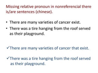 Missing relative pronoun in nonreferencial there
is/are sentences (chinese).

• There are many varieties of cancer exist.
• There was a tire hanging from the roof served
  as their playground.


There are many varieties of cancer that exist.

There was a tire hanging from the roof served
 as their playground.
 