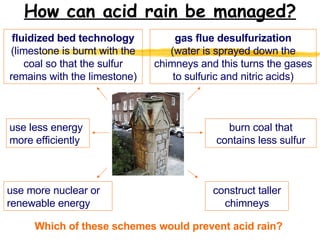 How can acid rain be managed? gas flue desulfurization (water is sprayed down the chimneys and this turns the gases to sulfuric and nitric acids) construct taller chimneys use less energy more efficiently fluidized bed technology (limestone is burnt with the coal so that the sulfur remains with the limestone) burn coal that contains less sulfur use more nuclear or renewable energy Which of these schemes would prevent acid rain? 