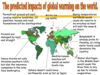 The predicted impacts of global warming on the world. Bangladesh is already prone to flooding, so rising water levels could devastate the country. Rising temperatures worldwide would cause ski resorts to be wrecked as heat will melt the snow & ice there. Water shortages in the Middle East would cause the River Nile to dry up due to intense evaporation. Mediterranean beaches will vanish as water levels rise. Sahara desert could move northwards, even as far as Spain. Arctic ice cap melts. Heavy storms not only threaten southern USA, but also the insurance companies in the area face bankruptcy. Forests are damaged by heat and drought Permafrost ground will melt, causing massive landslides. Oil pipelines, houses and road foundations will be disintegrated 
