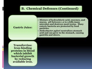 • Mixture of hydrochloric acid, enzymes, and
mucus. pH between 1.2 to 3 kills many
microbes and destroys most toxins. Many
enteric bacteria are protected by food
particles.
• Helicobacter pylori neutralizes stomach
acid and can grow in the stomach, causing
gastritis and ulcers.
Gastric Juice:
Transferrins:
Iron-binding
proteins in blood
which inhibit
bacterial growth
by reducing
available iron.
B. Chemical Defenses (Continued)
 