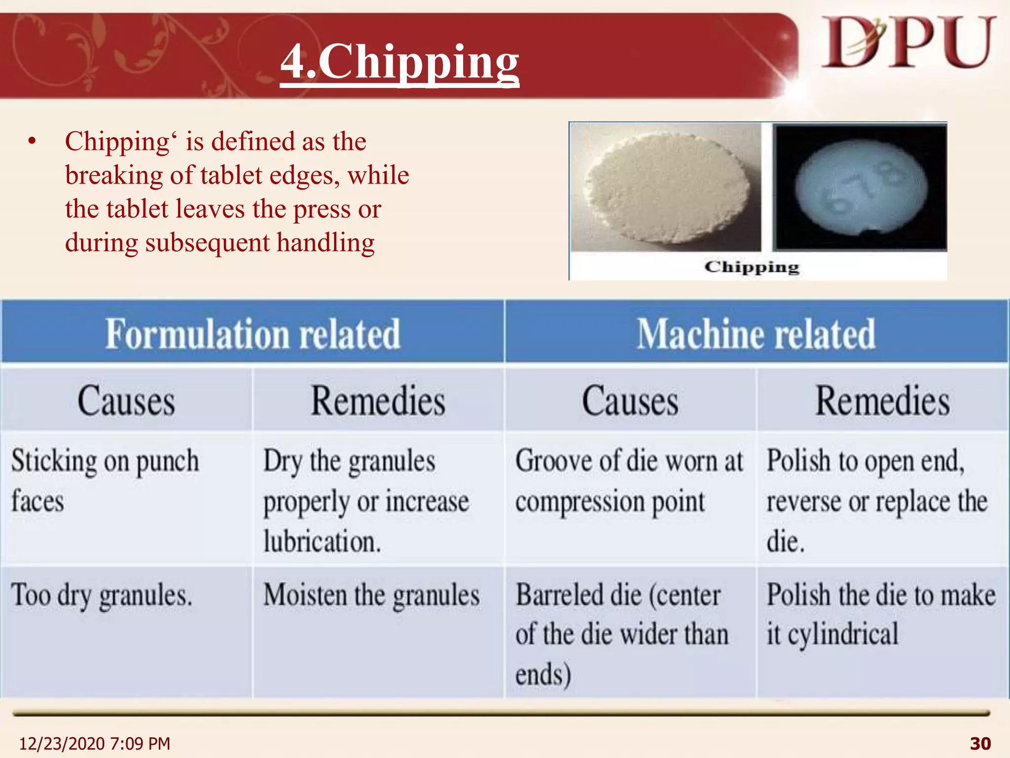 4.Chipping
• Chipping‘ is defined as the
breaking of tablet edges, while
the tablet leaves the press or
during subsequent handling
12/23/2020 7:09 PM 30
 