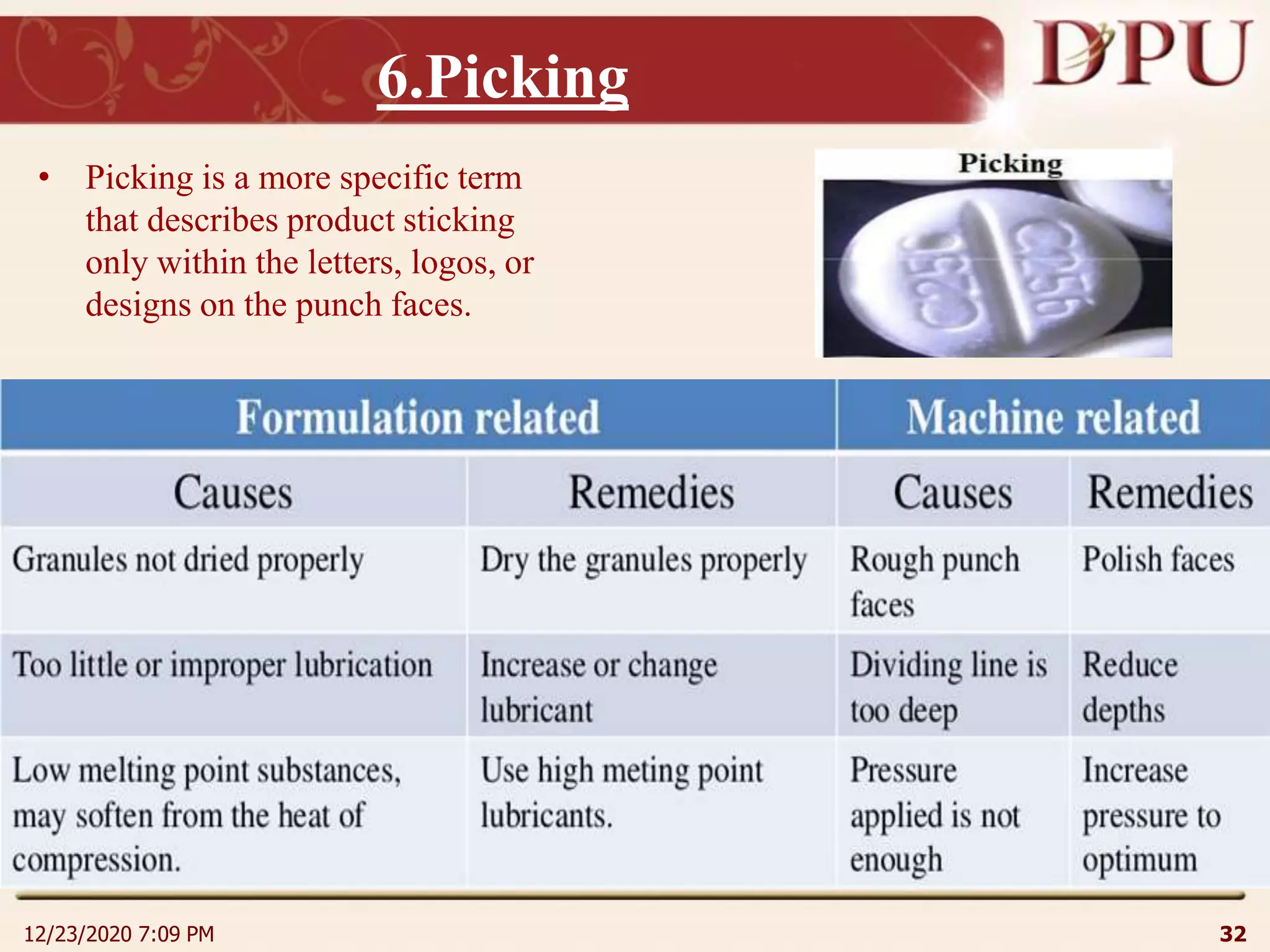 6.Picking
• Picking is a more specific term
that describes product sticking
only within the letters, logos, or
designs on the punch faces.
12/23/2020 7:09 PM 32
 