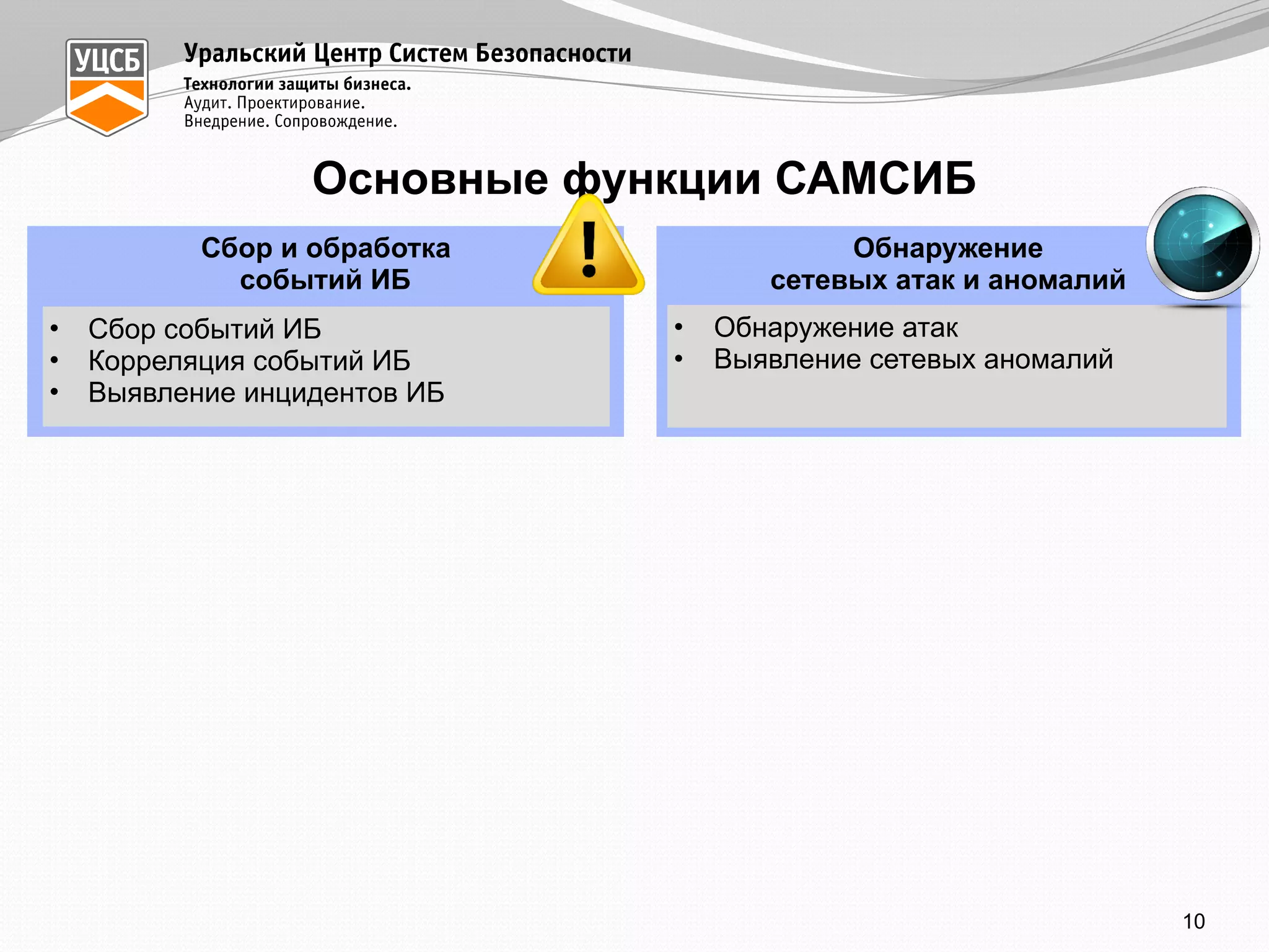 Сбор и обработка  
событий ИБ
Основные функции САМСИБ
• Сбор событий ИБ
• Корреляция событий ИБ
• Выявление инцидентов ИБ
Обнаружение  
сетевых атак и аномалий
• Обнаружение атак
• Выявление сетевых аномалий
10
 