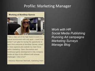 Profile: Marketing Manager




               Work with HR
               Social Media Publishing
               Running Ad campaigns
               Marketing Surveys
               Manage Blog
 