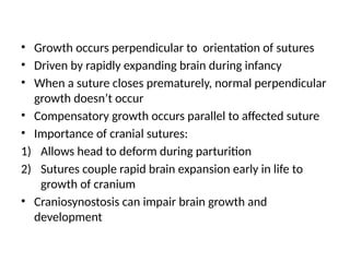 • Growth occurs perpendicular to orientation of sutures
• Driven by rapidly expanding brain during infancy
• When a suture closes prematurely, normal perpendicular
growth doesn’t occur
• Compensatory growth occurs parallel to affected suture
• Importance of cranial sutures:
1) Allows head to deform during parturition
2) Sutures couple rapid brain expansion early in life to
growth of cranium
• Craniosynostosis can impair brain growth and
development
 