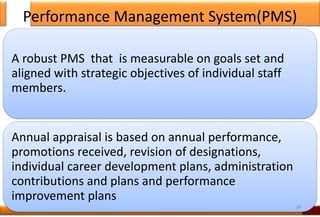 Performance Management System(PMS)
A robust PMS that is measurable on goals set and
aligned with strategic objectives of individual staff
members.
Annual appraisal is based on annual performance,
promotions received, revision of designations,
individual career development plans, administration
contributions and plans and performance
improvement plans
39
 