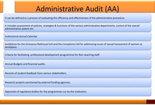 Administrative Audit (AA)
It can be defined as a process of evaluating the efficiency and effectiveness of the administrative procedure.
It includes assessment of policies, strategies & functions of the various administrative departments, control of the overall
administrative system etc.
Institutional annual Calendar
Guidelines for the Grievance Redressal Cell and the Complaints Cell for addressing issues of sexual harassment of women at
workplace.
Criteria for facilitating professional development programmes for Non-teaching staff.
Annual Budgets and financial audits.
Records of student feedback from various stakeholders.
Research projects sanctioned by external funding agencies.
Approvals of regulatory bodies for the programmes run by the institution.
41
 