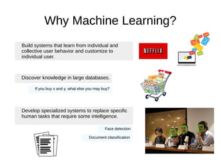 Why Machine Learning?
Build systems that learn from individual and
collective user behavior and customize to
individual user.
Discover knowledge in large databases.
If you buy x and y, what else you may buy?
Develop specialized systems to replace specific
human tasks that require some intelligence.
Face detection
Document classification
 