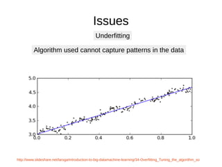 Issues
Algorithm used cannot capture patterns in the data
Underfitting
http://www.slideshare.net/larsga/introduction-to-big-datamachine-learning/34-Overfitting_Tuning_the_algorithm_so
 
