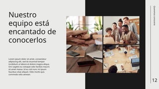 Nuestro
equipo está
encantado de
conocerlos
12
Queremos
conocerte
Lorem ipsum dolor sit amet, consectetur
adipiscing elit, sed do eiusmod tempor
incididunt ut labore et dolore magna aliqua.
Orci sagittis eu volutpat odio facilisis mauris
sit amet massa. Id eu nisl nunc mi ipsum
faucibus vitae aliquet. Odio morbi quis
commodo odio aenean.
 