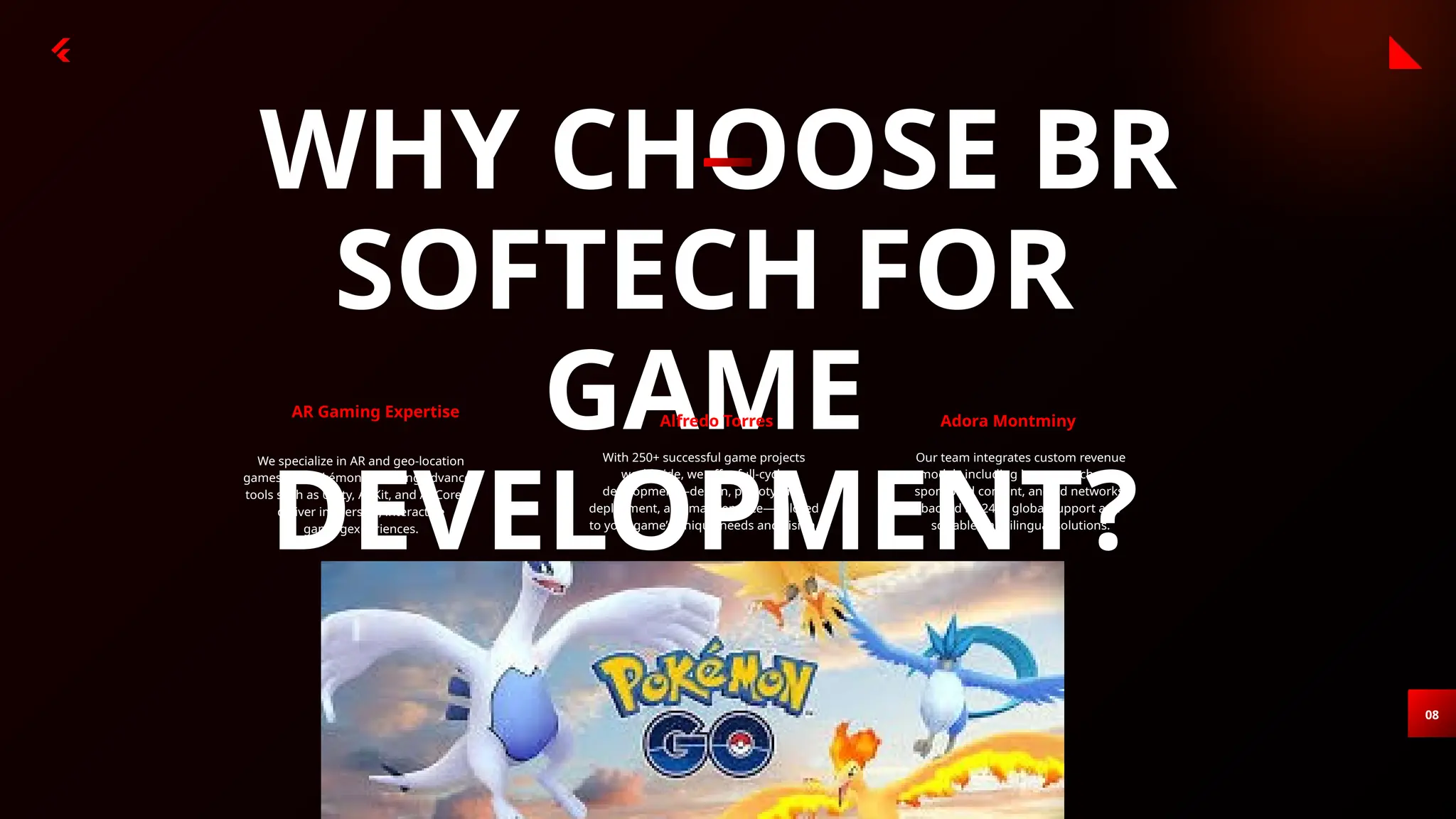 WHY CHOOSE BR
SOFTECH FOR
GAME
DEVELOPMENT?
08
AR Gaming Expertise
We specialize in AR and geo-location
games like Pokémon GO, using advanced
tools such as Unity, ARKit, and ARCore to
deliver immersive, interactive
gamingexperiences.
Alfredo Torres
With 250+ successful game projects
worldwide, we offer full-cycle
development—design, prototyping,
deployment, and maintenance—tailored
to your game’s unique needs and vision.
Adora Montminy
Our team integrates custom revenue
models including in-app purchases,
sponsored content, and ad networks,
backed by 24x7 global support and
scalable, multilingual solutions.
 