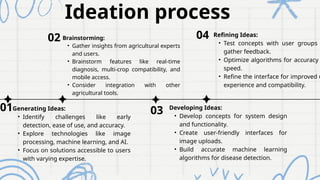 Ideation process
01
02
03
04
Generating Ideas:
• Identify challenges like early
detection, ease of use, and accuracy.
• Explore technologies like image
processing, machine learning, and AI.
• Focus on solutions accessible to users
with varying expertise.
Brainstorming:
• Gather insights from agricultural experts
and users.
• Brainstorm features like real-time
diagnosis, multi-crop compatibility, and
mobile access.
• Consider integration with other
agricultural tools.
Developing Ideas:
• Develop concepts for system design
and functionality.
• Create user-friendly interfaces for
image uploads.
• Build accurate machine learning
algorithms for disease detection.
Refining Ideas:
• Test concepts with user groups
gather feedback.
• Optimize algorithms for accuracy
speed.
• Refine the interface for improved u
experience and compatibility.
 