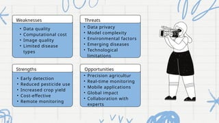 Weaknesses Threats
Strengths Opportunities
• Data quality
• Computational cost
• Image quality
• Limited disease
types
• Data privacy
• Model complexity
• Environmental factors
• Emerging diseases
• Technological
limitations
• Precision agricultur
• Real-time monitoring
• Mobile applications
• Global impact
• Collaboration with
experts
• Early detection
• Reduced pesticide use
• Increased crop yield
• Cost-effective
• Remote monitoring
 