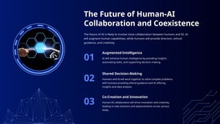 The Future of Human-AI
Collaboration and Coexistence
The future of AI is likely to involve close collaboration between humans and AI. AI
will augment human capabilities, while humans will provide direction, ethical
guidance, and creativity.
AI will enhance human intelligence by providing insights,
automating tasks, and supporting decision-making.
Humans and AI will work together to solve complex problems,
with humans providing ethical guidance and AI offering
insights and data analysis.
Human-AI collaboration will drive innovation and creativity,
leading to new solutions and advancements across various
fields.
Augmented Intelligence
Shared Decision-Making
Co-Creation and Innovation
01
02
03
 
