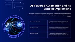 AI-powered automation can enhance productivity and
efficiency by automating tasks, leading to faster
urnaround times.
Increased Productivity
Automation may displace some jobs, particularly those
involving routine and repetitive tasks, requiring
workforce adaptation.
Job Displacement
AI automation can stimulate economic growth by
creating new industries, enhancing existing ones, and
increasing overall efficiency.
Economic Growth
AI-Powered Automation and its
Societal Implications
AI-powered automation is transforming various sectors, from manufacturing to healthcare.This
automation has significant societal implications, affecting employment, productivity, and economic
growth.
 