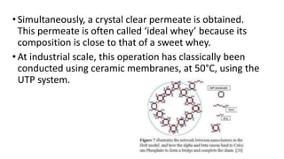 •Simultaneously, a crystal clear permeate is obtained.
This permeate is often called ‘ideal whey’ because its
composition is close to that of a sweet whey.
•At industrial scale, this operation has classically been
conducted using ceramic membranes, at 50°C, using the
UTP system.
 