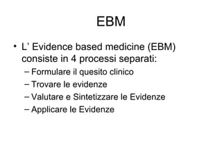 EBM L’ Evidence based medicine (EBM) consiste in 4 processi separati: Formulare il quesito clinico Trovare le evidenze Valutare e Sintetizzare le Evidenze Applicare le Evidenze 