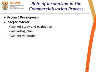 10
Role of Incubation in the
Commercialisation Process
 Product Development
 Target market
 Market study and evaluation
 Marketing plan
 Market validation
 