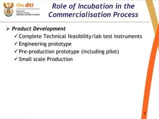 9
Role of Incubation in the
Commercialisation Process
 Product Development
 Complete Technical feasibility/lab test instruments
 Engineering prototype
 Pre-production prototype (including pilot)
 Small scale Production
 