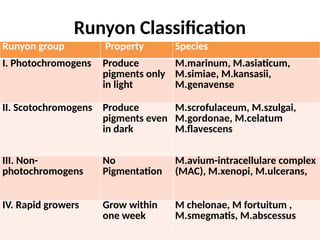 Runyon Classification
Runyon group Property Species
I. Photochromogens Produce
pigments only
in light
M.marinum, M.asiaticum,
M.simiae, M.kansasii,
M.genavense
II. Scotochromogens Produce
pigments even
in dark
M.scrofulaceum, M.szulgai,
M.gordonae, M.celatum
M.flavescens
III. Non-
photochromogens
No
Pigmentation
M.avium-intracellulare complex
(MAC), M.xenopi, M.ulcerans,
IV. Rapid growers Grow within
one week
M chelonae, M fortuitum ,
M.smegmatis, M.abscessus
 