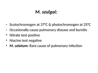 M. szulgai:
- Scotochromogen at 37°C & photochromogen at 25°C
- Occasionally cause pulmonary disease and bursitis
• Nitrate test positive
• Niacine test negative
• ™M. celatum: Rare cause of pulmonary infection
 