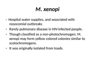 ™M. xenopi
- Hospital water supplies, and associated with
nosocomial outbreaks
- Rarely pulmonary disease in HIV-infected people.
- Though classified as a non-photochromogen, M.
xenopi may form yellow colored colonies similar to
scotochromogens.
- It was originally isolated from toads.
 