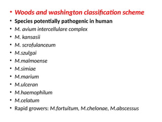 • Woods and washington classification scheme
• Species potentially pathogenic in human
• M. avium intercellulare complex
• M. kansasii
• M. scrofulanceum
• M.szulgai
• M.malmoense
• M.simiae
• M.marium
• M.ulceran
• M.haemophilum
• M.celatum
• Rapid growers: M.fortuitum, M.chelonae, M.abscessus
 