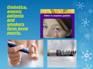 Diabetics,
anemic
patients
and
smokers
form bone
poorly.
 
