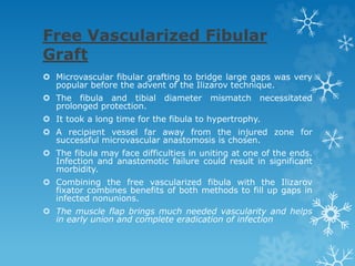 Free Vascularized Fibular
Graft
 Microvascular fibular grafting to bridge large gaps was very
popular before the advent of the Ilizarov technique.
 The fibula and tibial diameter mismatch necessitated
prolonged protection.
 It took a long time for the fibula to hypertrophy.
 A recipient vessel far away from the injured zone for
successful microvascular anastomosis is chosen.
 The fibula may face difficulties in uniting at one of the ends.
Infection and anastomotic failure could result in significant
morbidity.
 Combining the free vascularized fibula with the Ilizarov
fixator combines benefits of both methods to fill up gaps in
infected nonunions.
 The muscle flap brings much needed vascularity and helps
in early union and complete eradication of infection
 