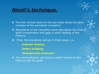 Nicoll’s technique.
 The thin cortical bone on the two sides allows for early
invasion of the periosteal circulation.
 Abundance of the cancellous bone decreases the time of
graft incorporation and gaps in early healing of the
fracture.
 Thus, the procedure serves in three ways, i.e.,
Internal fixation
Defect bridging,
Osteogenesis promoter.
 The intramedullary nail gives a stable fixation to the
fracture and the graft.
 