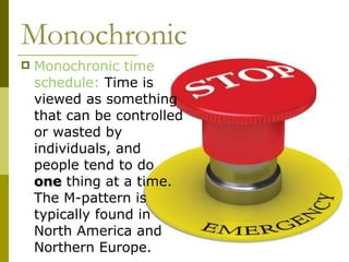 Monochronic Monochronic time schedule:  Time is viewed as something that can be controlled or wasted by individuals, and people tend to do  one  thing at a time. The M-pattern is typically found in North America and Northern Europe.  