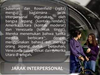 Sussman dan Rosenfield (1982)
menguji bagaimana jarak
interpersonal digunakan oleh
bangsa Jepang (kontak rendah),
Amerika Utara (kontak moderat)
dan Venezuela (kontak tinggi).
Mereka menemukan bahwa ketika
mereka berbicara dengan
menggunakan bahasa asli mereka
orang Jepang duduk berjauhan,
Venezuela paling dekat dan Amerika
Utara di tengah.
JARAK INTERPERSONAL
 