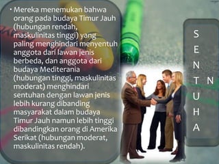 S
E
N
T
U
H
A
N
 Mereka menemukan bahwa
orang pada budaya Timur Jauh
(hubungan rendah,
maskulinitas tinggi) yang
paling menghindari menyentuh
anggota dari lawan jenis
berbeda, dan anggota dari
budaya Mediterania
(hubungan tinggi, maskulinitas
moderat) menghindari
sentuhan dengan lawan jenis
lebih kurang dibanding
masyarakat dalam budaya
Timur Jauh namun lebih tinggi
dibandingkan orang di Amerika
Serikat (hubungan moderat,
maskulinitas rendah).
 