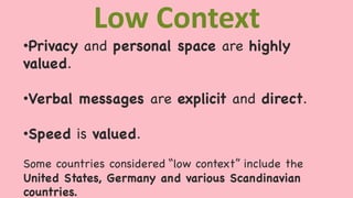 Low Context
•Privacy and personal space are highly
valued.
•Verbal messages are explicit and direct.
•Speed is valued.
Some countries considered “low context” include the
United States, Germany and various Scandinavian
countries.
 