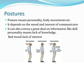 Postures
 Posture means personality, body movements etc
 It depends on the mood and interest of communicator
 It can also convey a great deal on information like dull
personality means lack of knowledge,
Bad mood-lack of interest
 