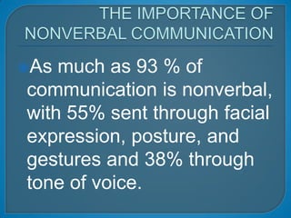 THE IMPORTANCE OF NONVERBAL COMMUNICATIONAs much as 93 % of communication is nonverbal, with 55% sent through facial expression, posture, and gestures and 38% through tone of voice.